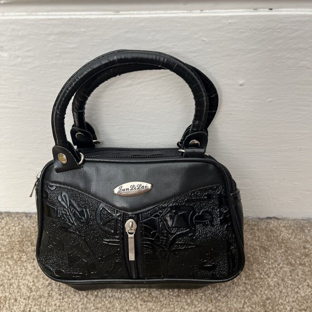 Womens Black Embossed Mini Satchel Purse Club Party Artsy Occasion Event Gala